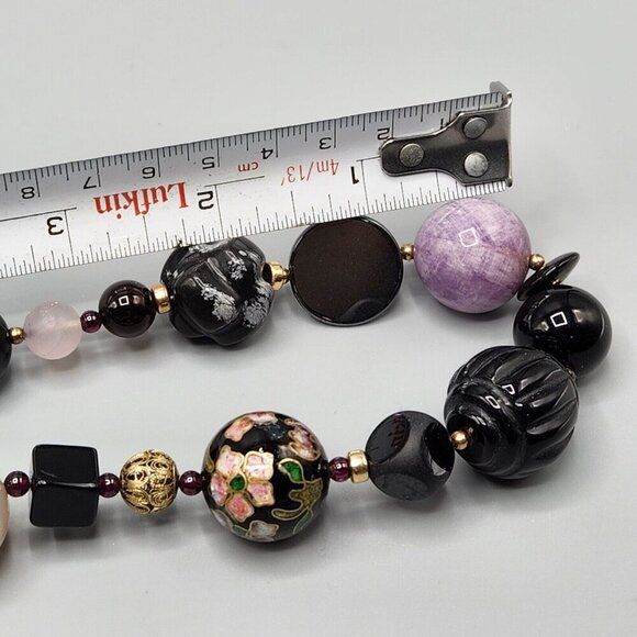Stone Bead Necklace Rose Quartz Snowflake Obsidian Cloisonne Gradient 30" - Picture 13 of 13